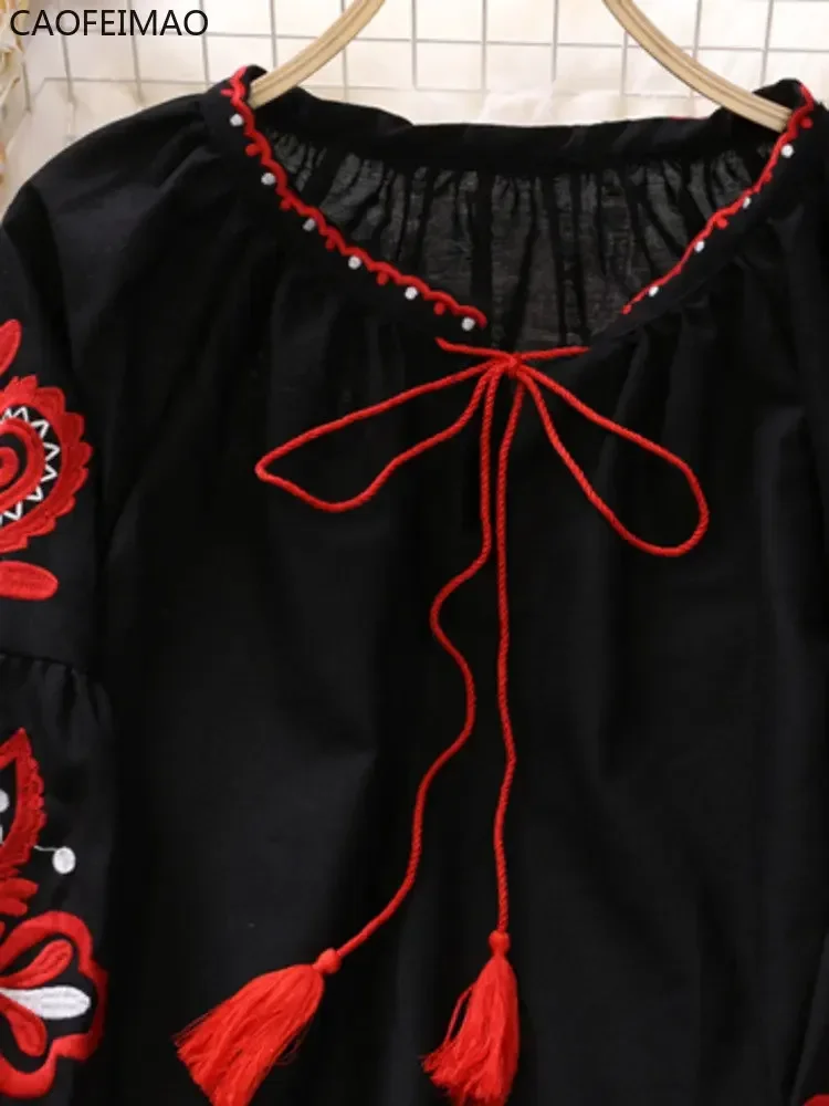 Caofeimao Sweet Style Women Pullover Shirts Embroidery Patchwork Bandage V-neck Lantern Sleeve Spring Summer 2025 New Blouse