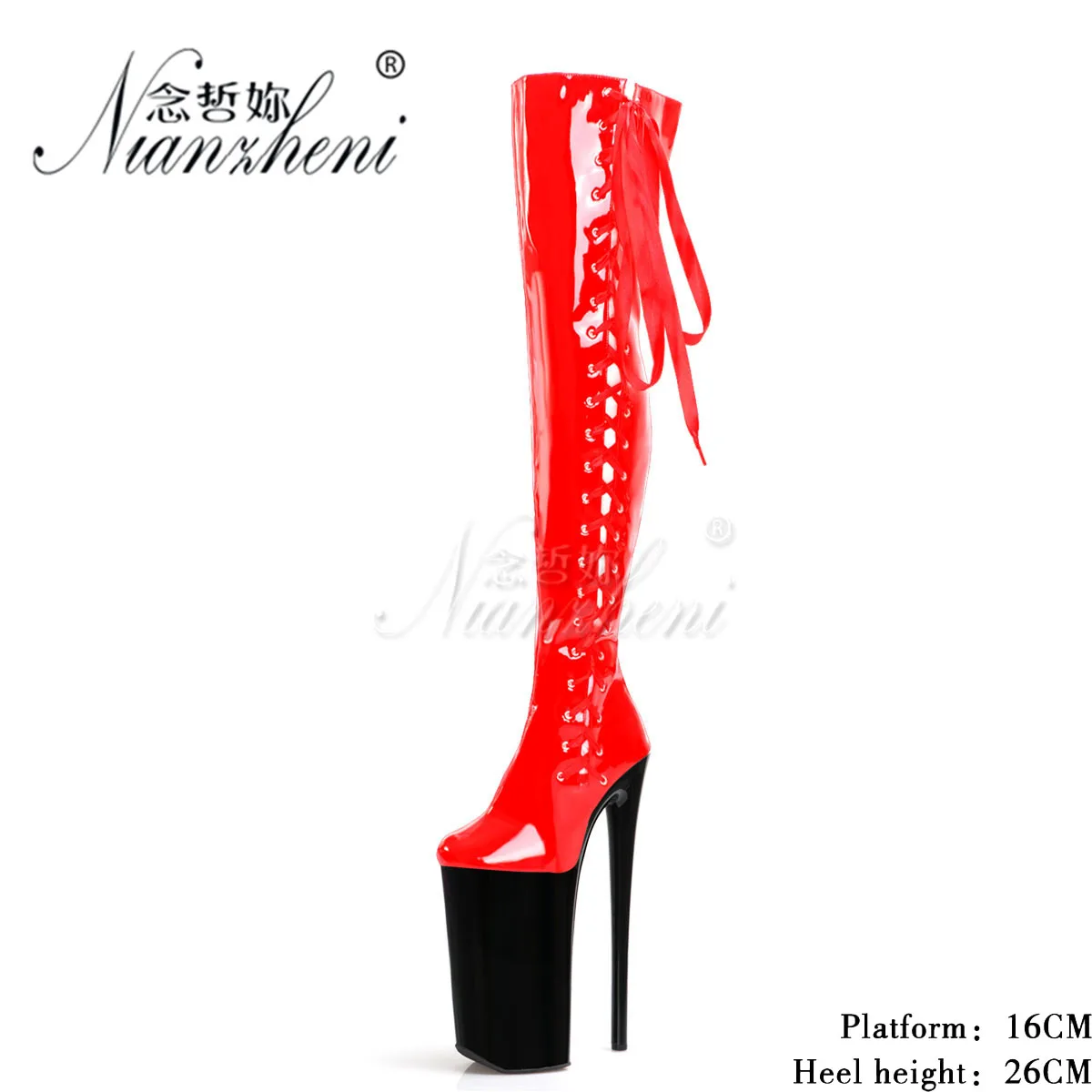 Over The Knee Boots 10Inch Sexy Fetish Lace Up Exotic High Heels Gladiator Women Gothic Shoes Red Strip Pole Dance 26cm Cross