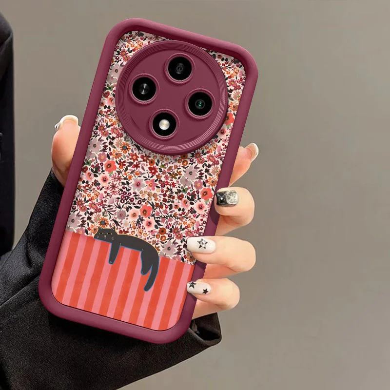 Artistic Cute Black Cat Striped Pattern Phone Case for Huawei Honor 400 200 Lite 100 Magic 8 7 6 5 PRO X9 X8 Flowers Soft Cover view 6