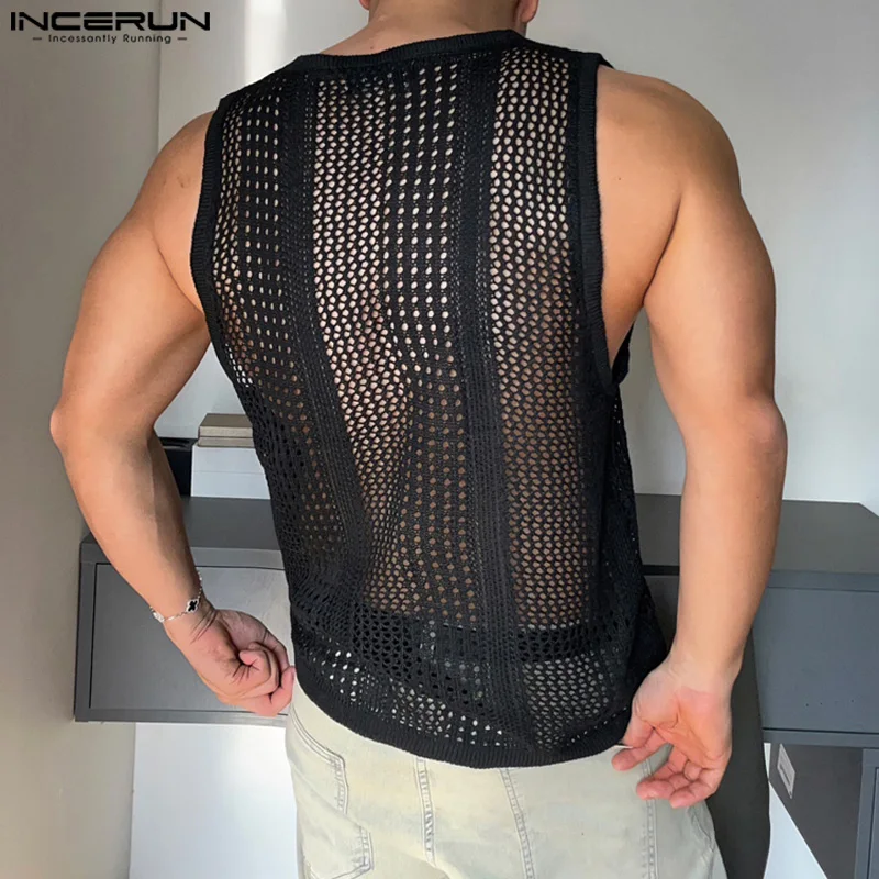 INCERUN-camisetas sin mangas de malla transparente para hombre, chalecos de cuello redondo sin mangas, ropa de calle a la moda, S-5XL de verano, 2024