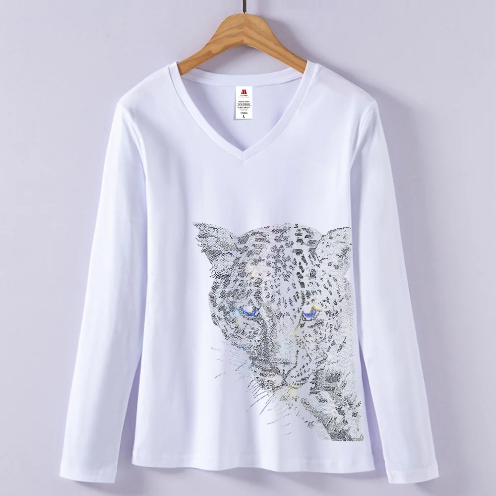 Shining Rhinestone Diamond T-shirt Big Size Women Casual Tops Leopard Head Printed Full Sleeve Tshirt Pullover Tee Shirts Femme