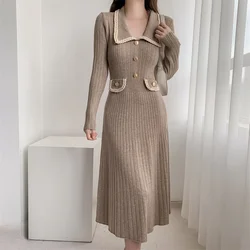 Korea Knitted Midi Dress Women Autumn 2024 Slim Long Sleeve High Waist A Line Pleated Sweater Dress Winter Female Knitwear