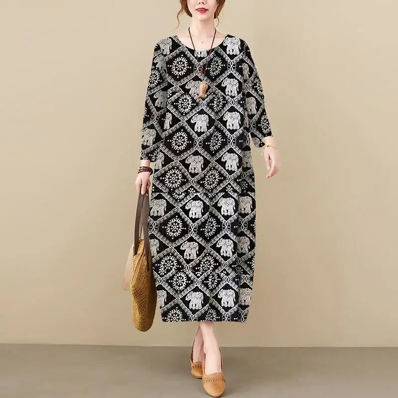 

Womens Spring Autumn Vintage Literature and Art Characteristic Geometric Printing Loose Long Sleeve Pullover Midi Straight Dress