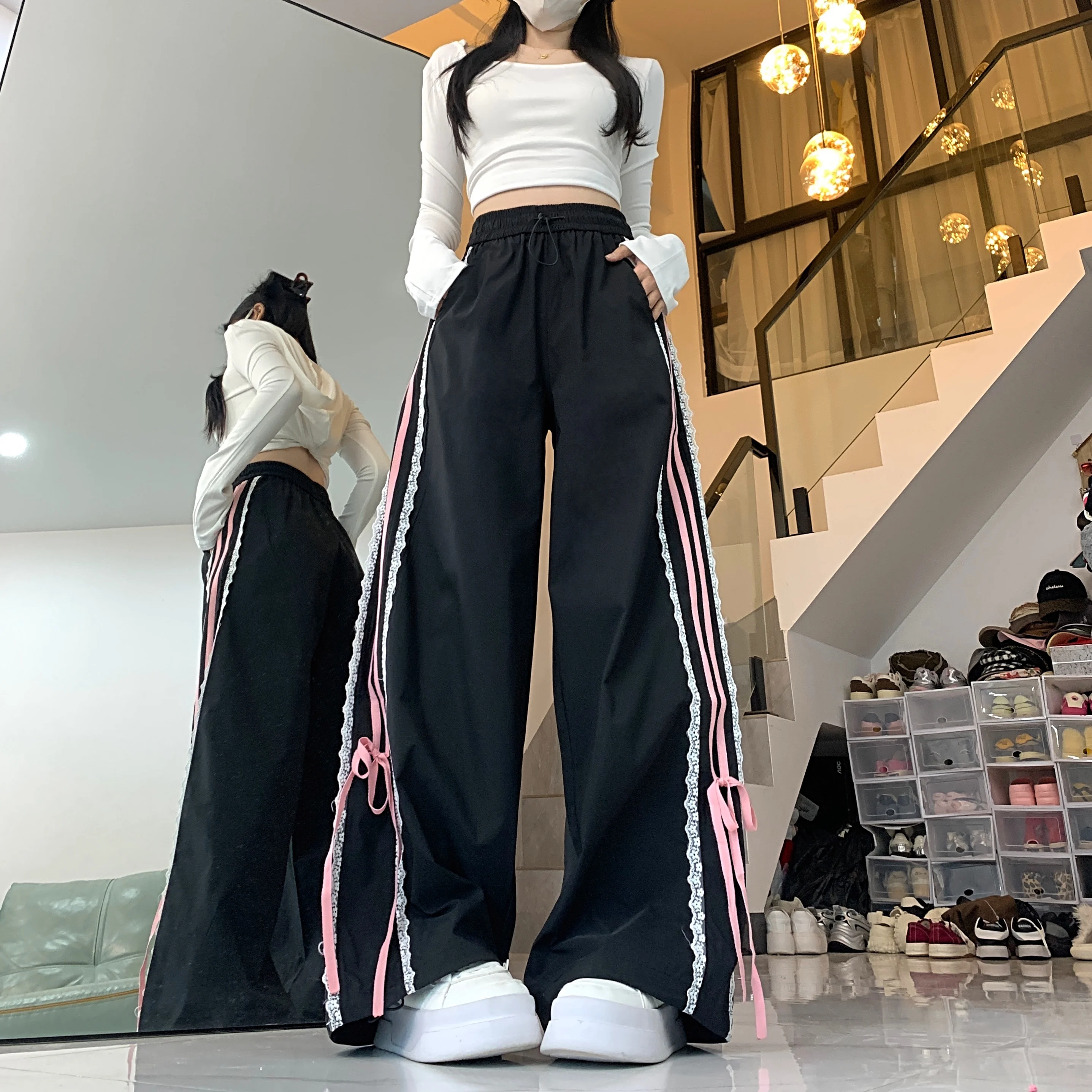 

Women's Black Gothic Pants Lace Stripe Bow Y2K Japanese Aesthetics Cute 2000S Retro Sports Street Dance pants Clothing 2025 New
