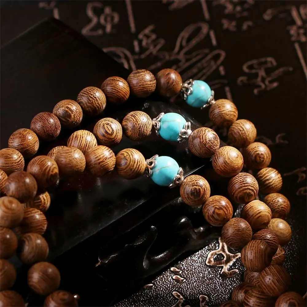 Meditation Wood 108 Rosary Tibetan Beads Turquoise Bracelet Buddhist Wenge - Image 2