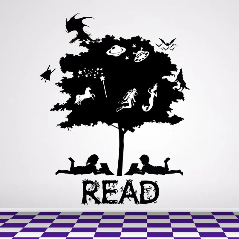 Reading Tree Wall Decal,Imagination Wall Art, Read More Books, Library Wall Decor, Fantasy Book Art, Bookstore Stickers AC40