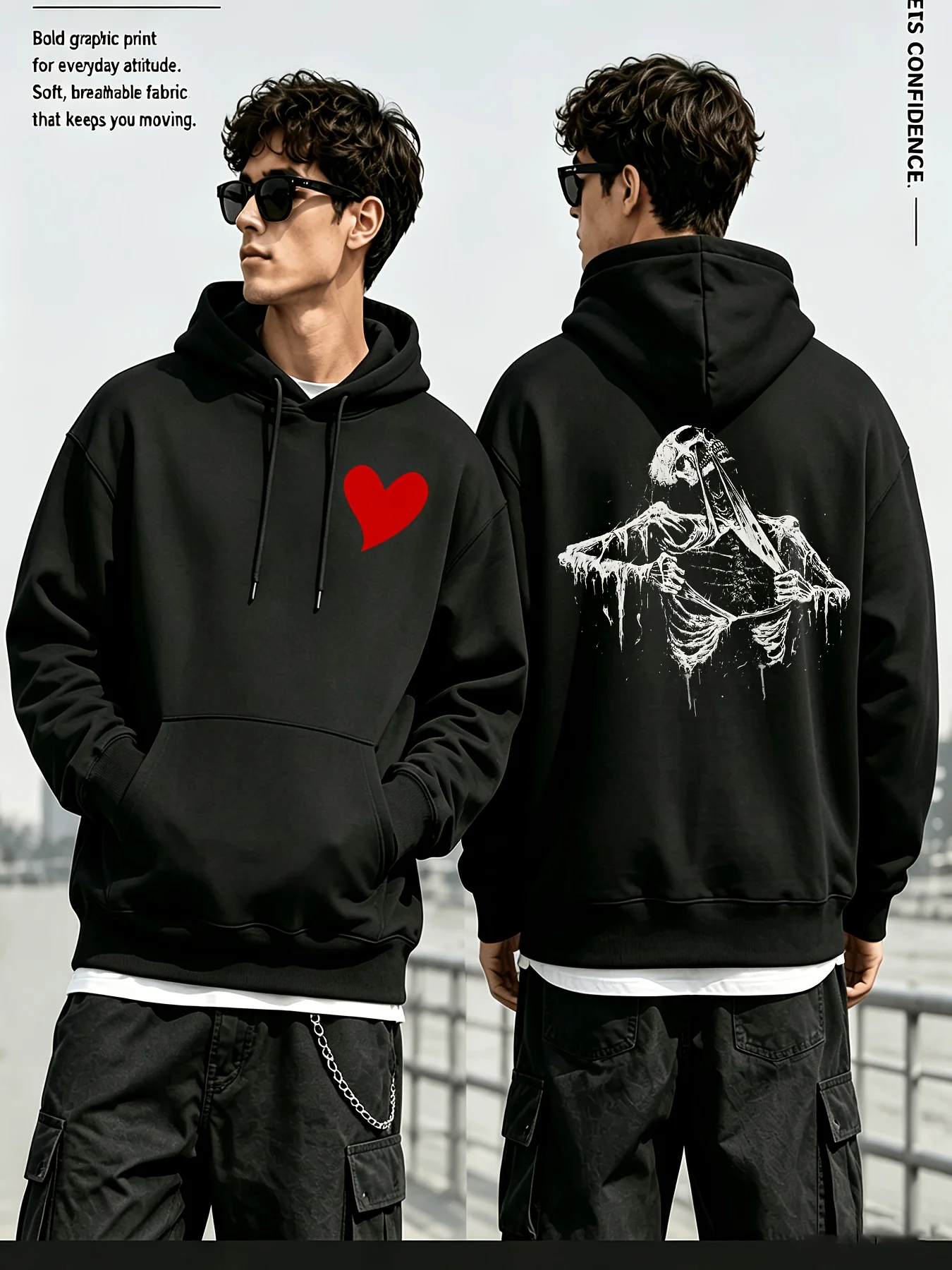 Men's Loose Hooded Sweatshirt, Extended Drawstring Shoulder Kangaroo Pocket Pullover Hoodie, Daily Casual Basic Top