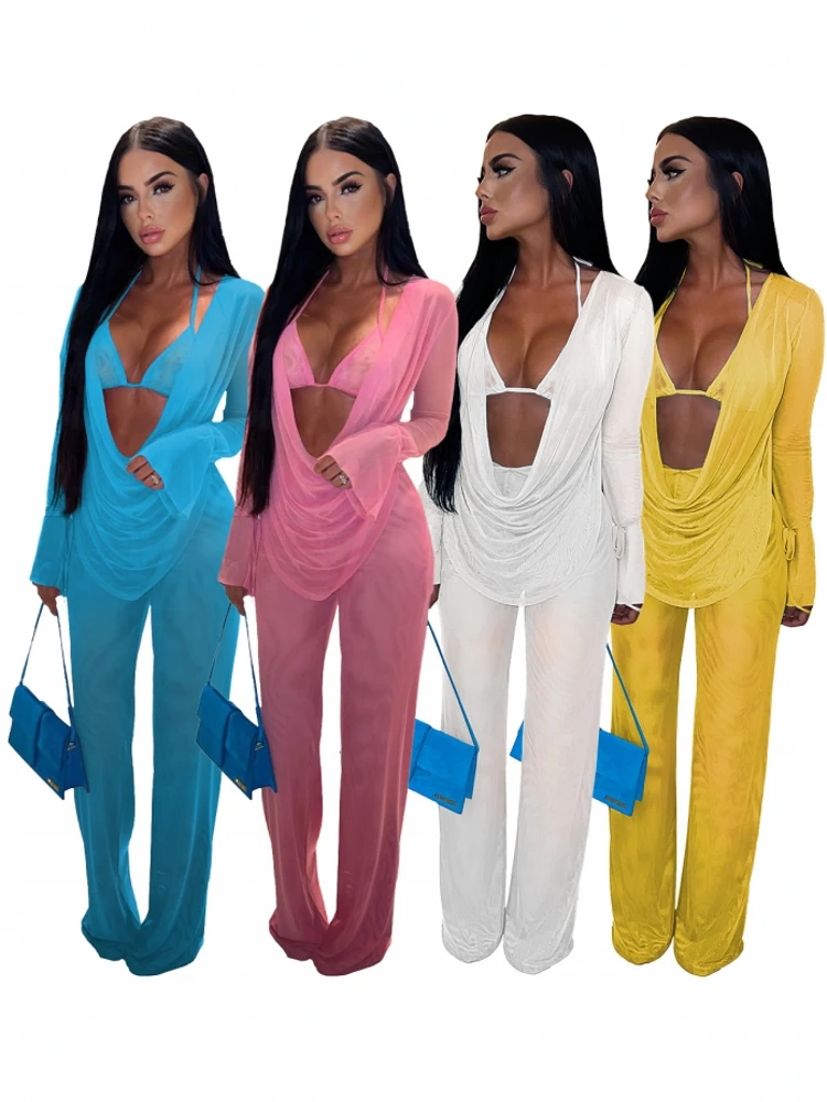 Elegant Women 3 Piece Set Long Sleeve Tops Sexy Club Lace Up Bra Wide Leg Pants Fashion Office Lady Work Suit Uniforms 2022