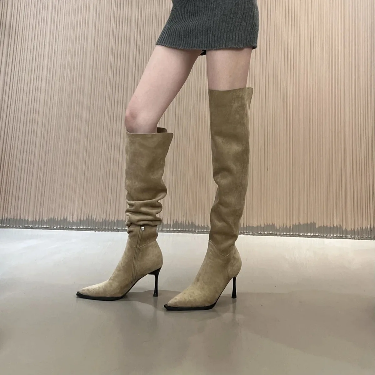 

French Pointed Toe High Heel Over The Knee Boots for Women Autumn/Winter Street Style Women's Side Zip Thin-heeled Long Booties