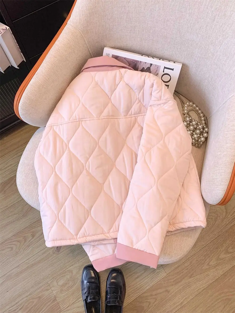 Women Autumn Winter Lightweight Quilted Jacket Warm Outerwear 2024 Fashion Pink Cotton Padded Coats Turn Down Collar Cotton Coat