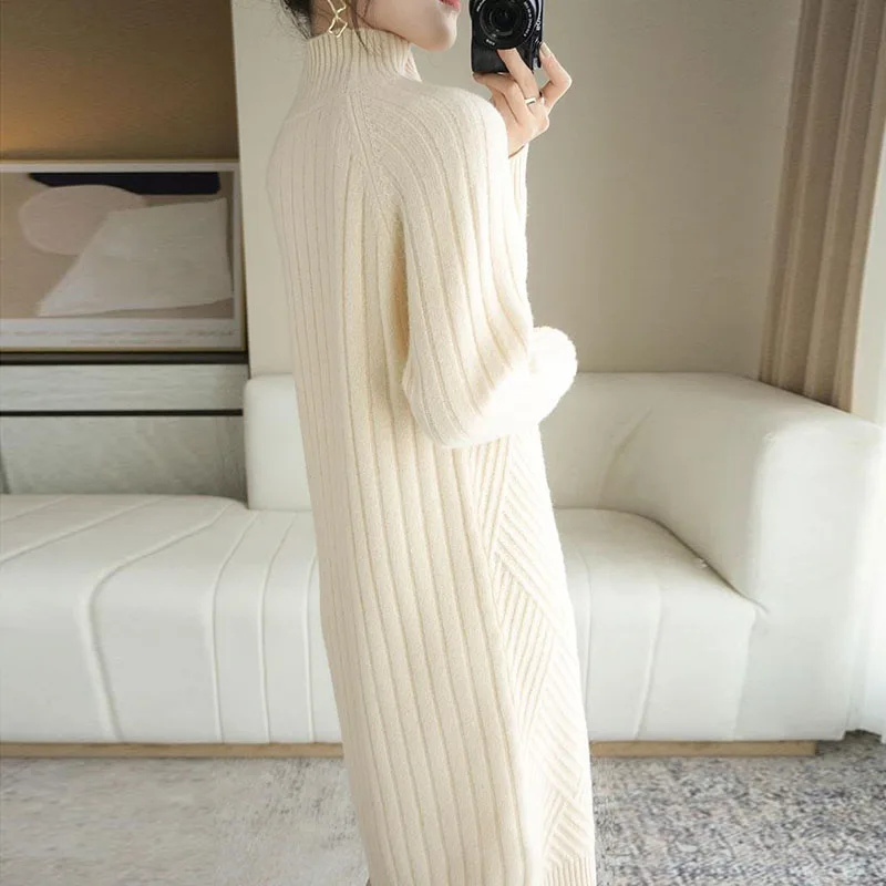 Long Sleeve Bottoming Knitted Dresses Autumn Winter Warm Korean Turtleneck Straight Sweater Dresses Women Casual Knee-Length