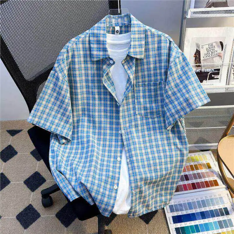 Summer New Retro Color Block Short Sleeve Men's Shirt Casual Plaid Design Loose Fit Polyester Fiber Youth Fashion Ice Silk