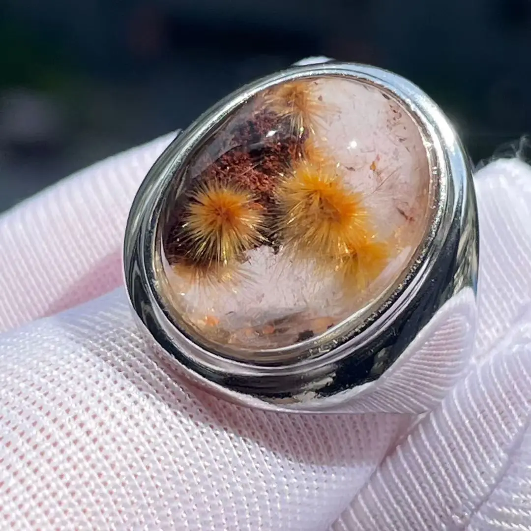 

Natural Gold Rutilated Quartz Adjustable Ring 15*13mm Women 925 Silver Yellow Rutilated Beads AAAAAA