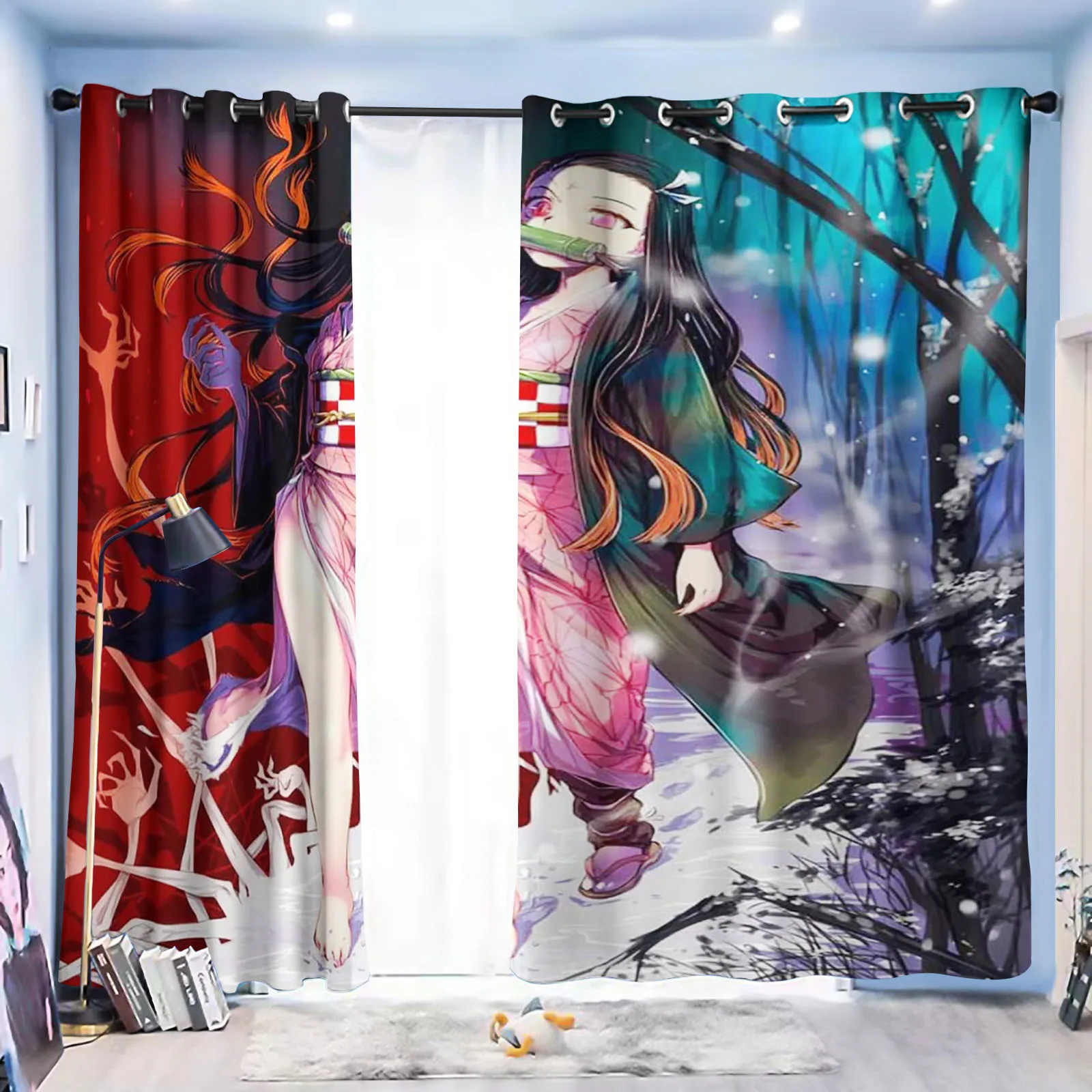 Demon Slayer: Kimetsu no Yaiba  Curtains For Living Room 100% Polyester Perforated Living Room Bedroom Blackout Curtains Balcony