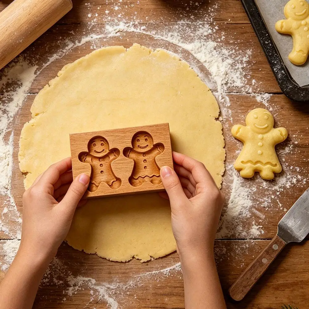 Christmas Wooden Cookie Stamp Mold Gingerbread Man Sock House Acorn Embossing Tool for Home Holiday Baking DIY Cookie Making