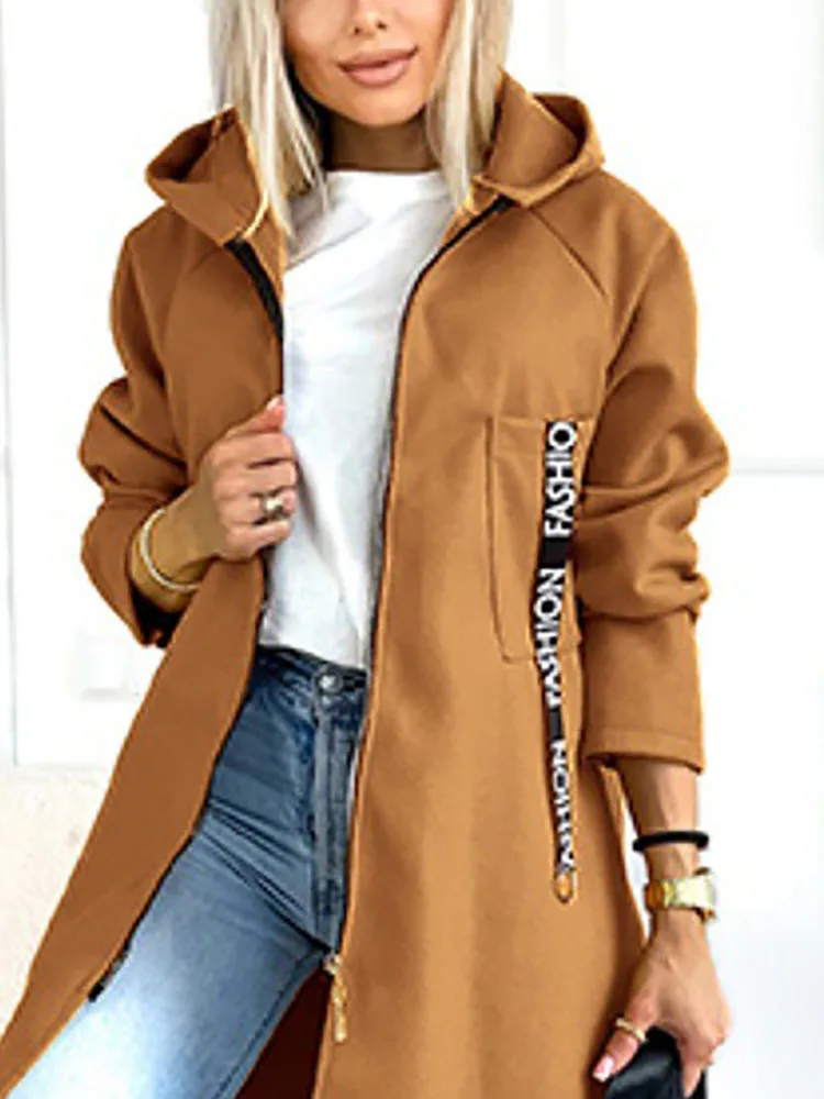 

Lady Casual Long Sleeve Commuting Coat Elegant Zipper Hoodies Loose Jacket Autumn Winter New Warm Solid Color Women's Overcoat