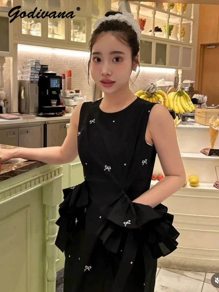 

Japanese Style New Summer Ladies Elegant Bowknot Print Sleeveless Long Dress Round Neck Ruffles Black Tank Dress