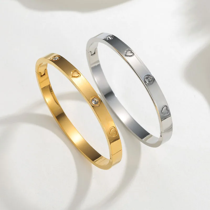 

6 MM Width Stainless Steel Bangle for Women Love Heart Engraving Crystal Cuff Bracelets Women's Hand Jewelry Wristband Gift New