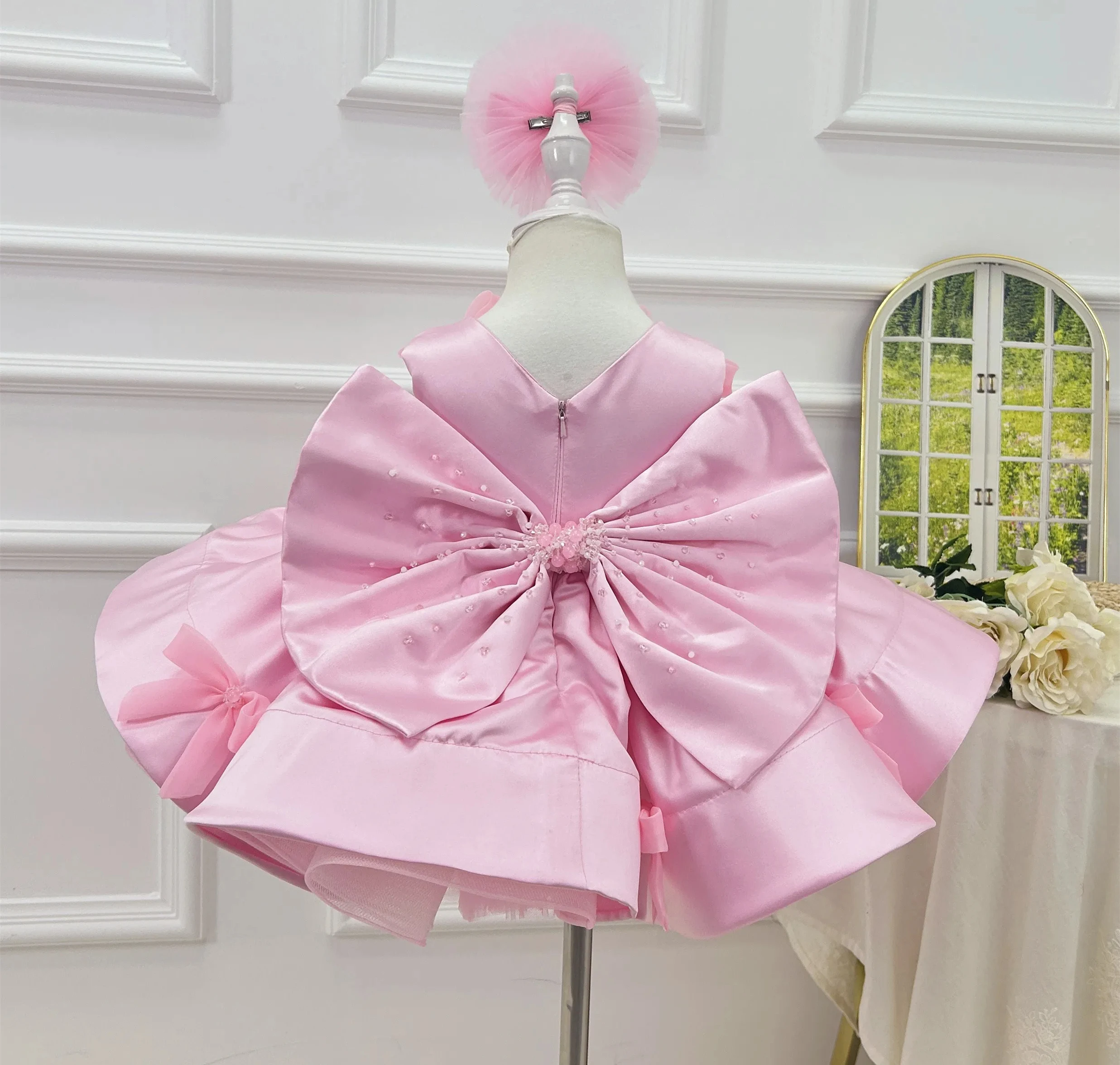 Customized Pink Flower Girl Dress For Wedding Bow Sleeveless Knee Length High Waist Elegant Kids Birthday First Communion Gown
