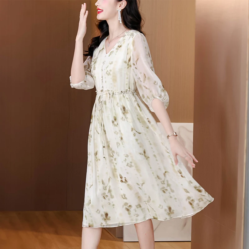 2025 Women's Vintage Print Beach Elegant Evening Dress Spring Holiday Boho Hepburn Vestidos Summer Luxury Silk Casual Midi Dress