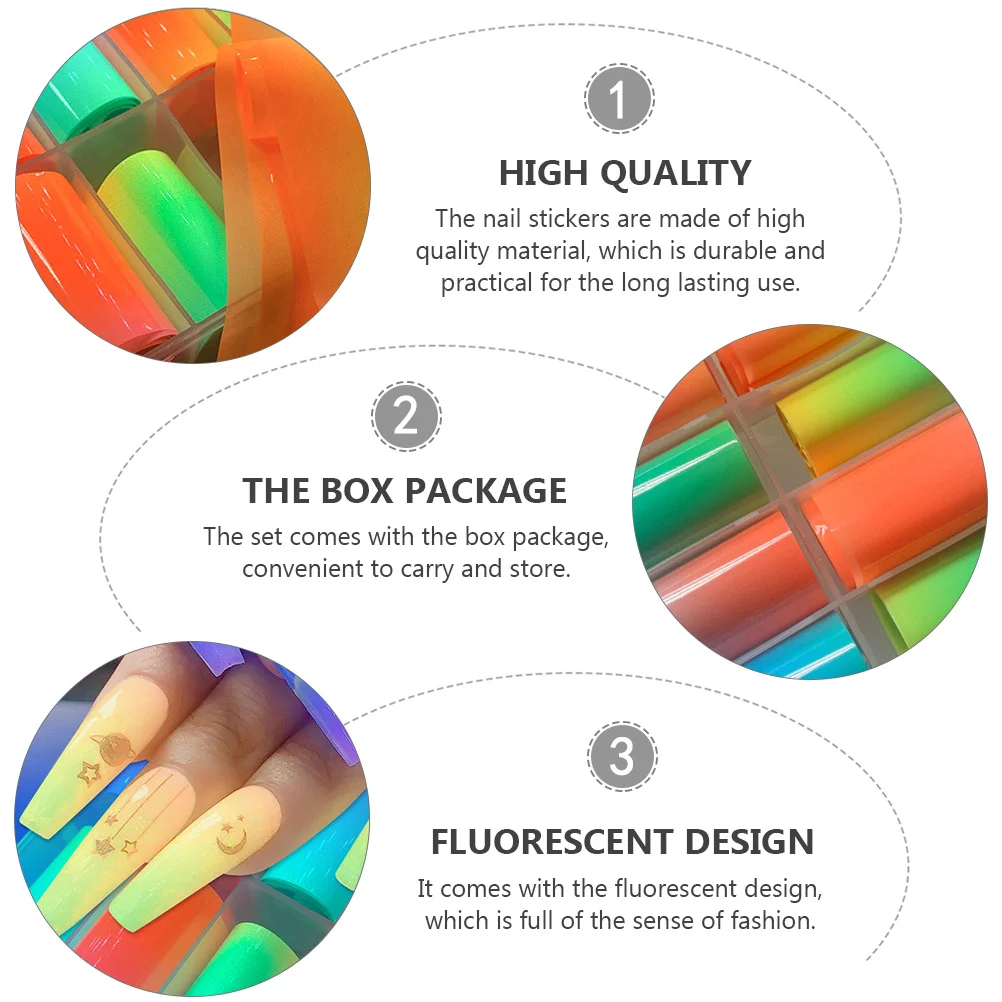สติกเกอร์ติดเล็บเรืองแสง ชุดกล่อง ปลอดภัยต่อผิว ใช้งานง่าย ตกแต่งเล็บเองได้ สีสันสดใส