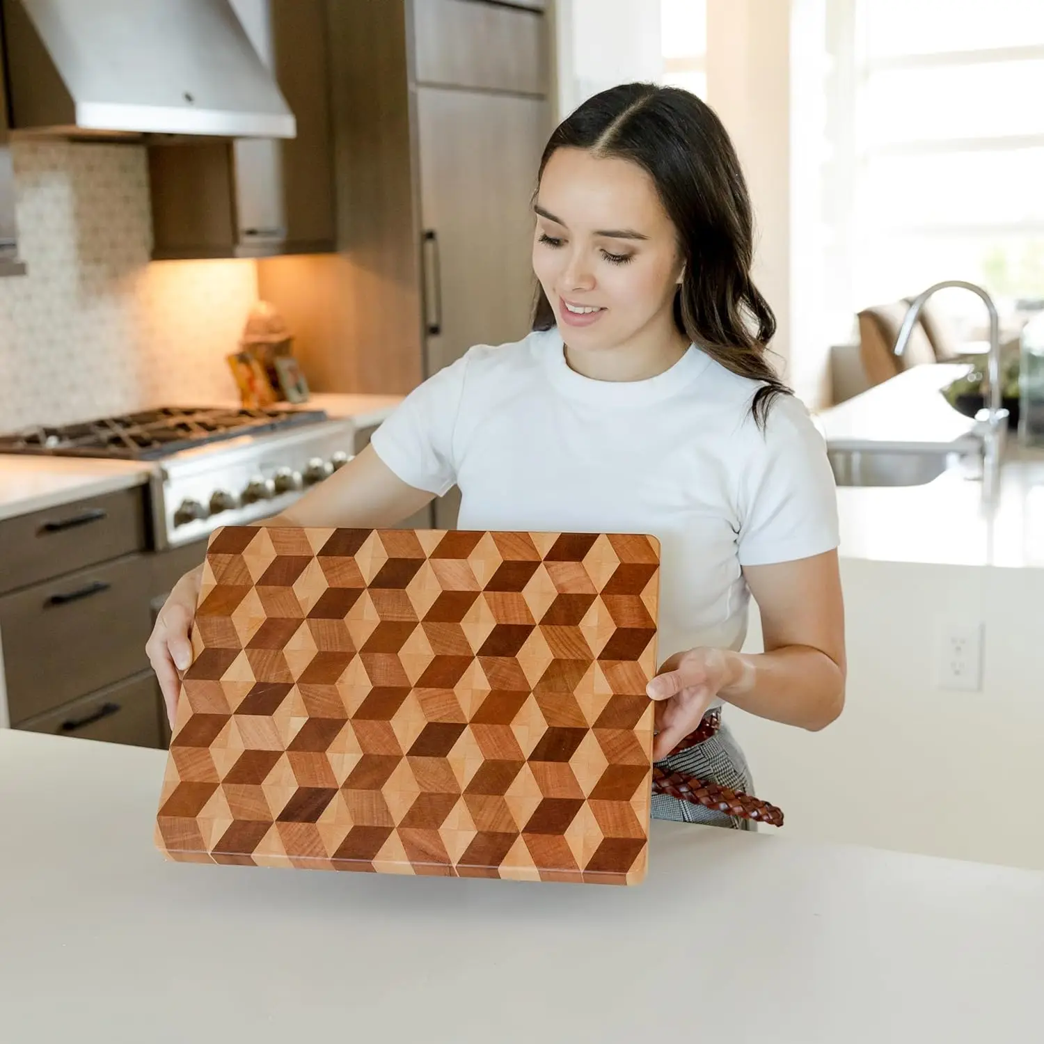 Handmade 3D Checkered Cutting Board with Feet - End Grain Cutting Board Block for Prep & Presentation