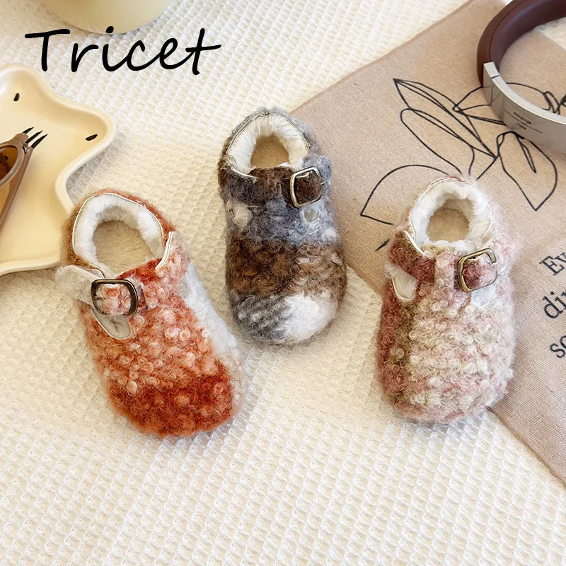

Plaid Fleece Children Flats Shoes Winter Buckle Boys Girls Shoes Thick Plush Warm Toddler Soft Bottom Kids Casual Shoes