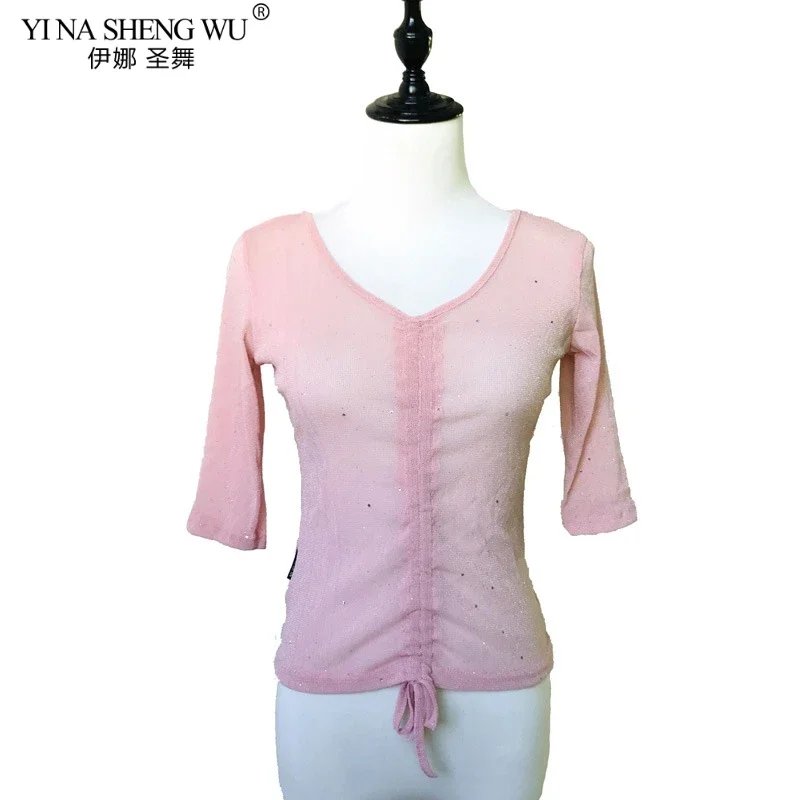 Women Dance Top Belly Dance Costume Half Sleeve Sexy Transparent Silver Mesh Tops&Tees Indian Oriental Dance Tops Practice Wear