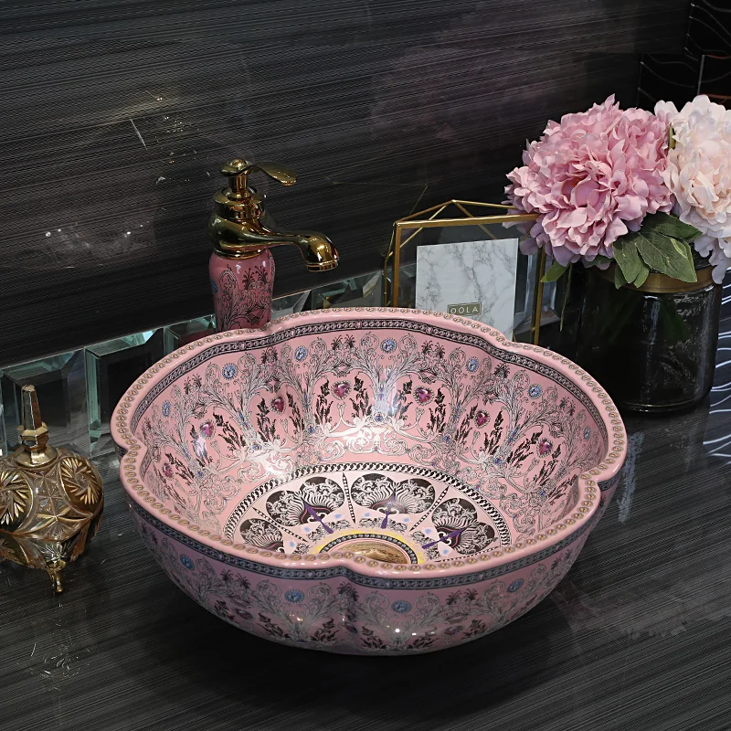 Jingdezhen Porcelain Flower Shaped Ceramic Countertop Wash Basin Bowl Nordical Style Bathroom Vessel Sink for Vanity Top