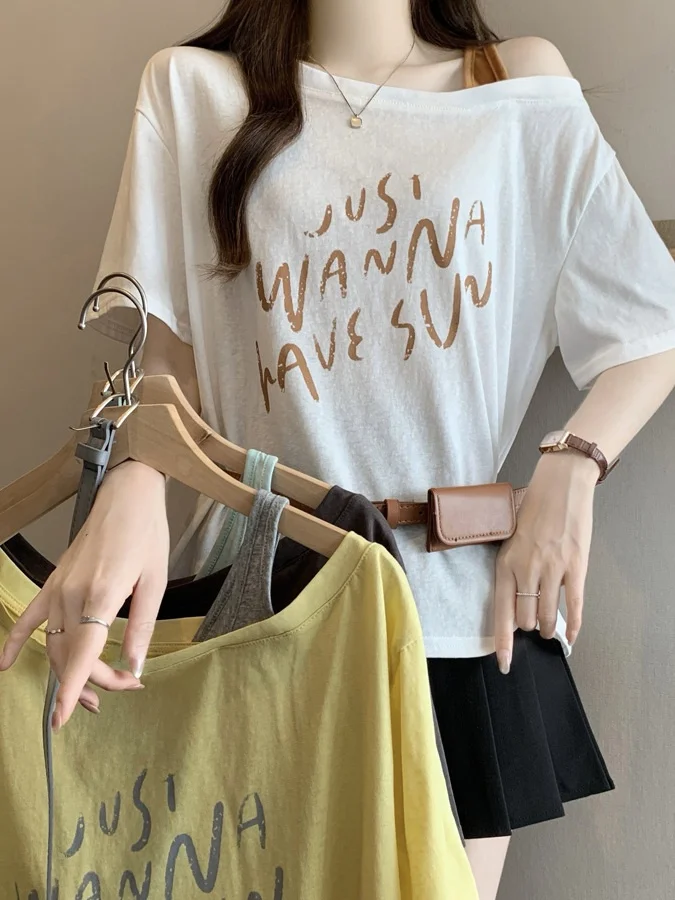 

plus Size Slimming Short Sleeve T-Shirt Letter Print Shoulder Bared Casual Top Korean Style Loose Fit Commute Fashion