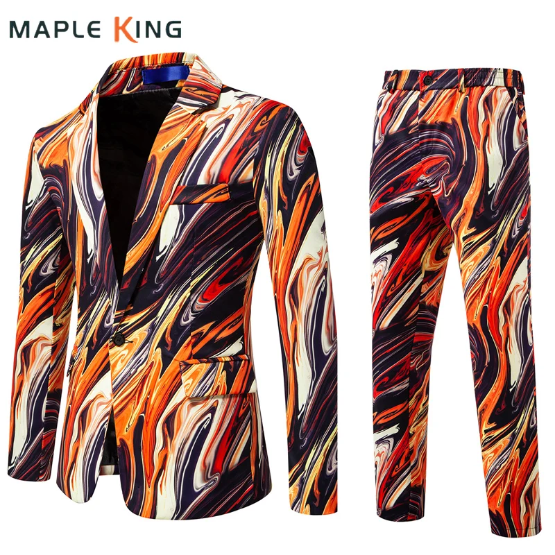 

Men Suit Pant Sets Vintage Gradient Color Wave Striped Print Blazer Luxo Masculino Gentleman Dress Costume Jackets Long Trousers