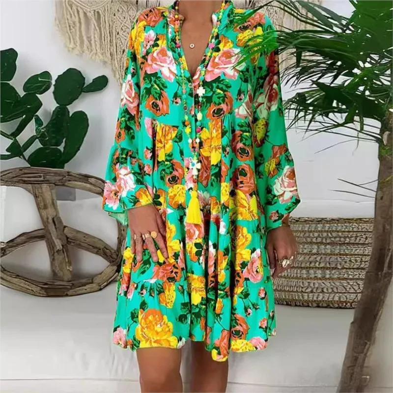 Women's Printed Long Sleeved Large Swing Mid Length Dress Fashionable Dress With V-neck Single Row Multiple Buttons Loose Fit