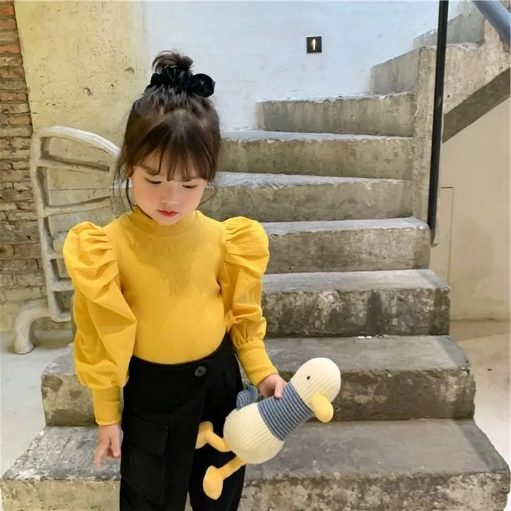 Spring and Autumn Girls Puff Sleeve Thread Bottom Shirt Retro Design Top Children\'s Tees Baby Cotton Long Sleeve T-shirt 0-7Y