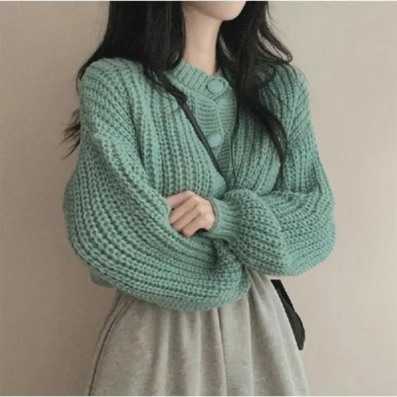 Solid Sweaters for Women Pull Femme Autumn O Neck Short Knitted Cardigan Tops Outwear Korean Black Jacket Sueters De Mujer