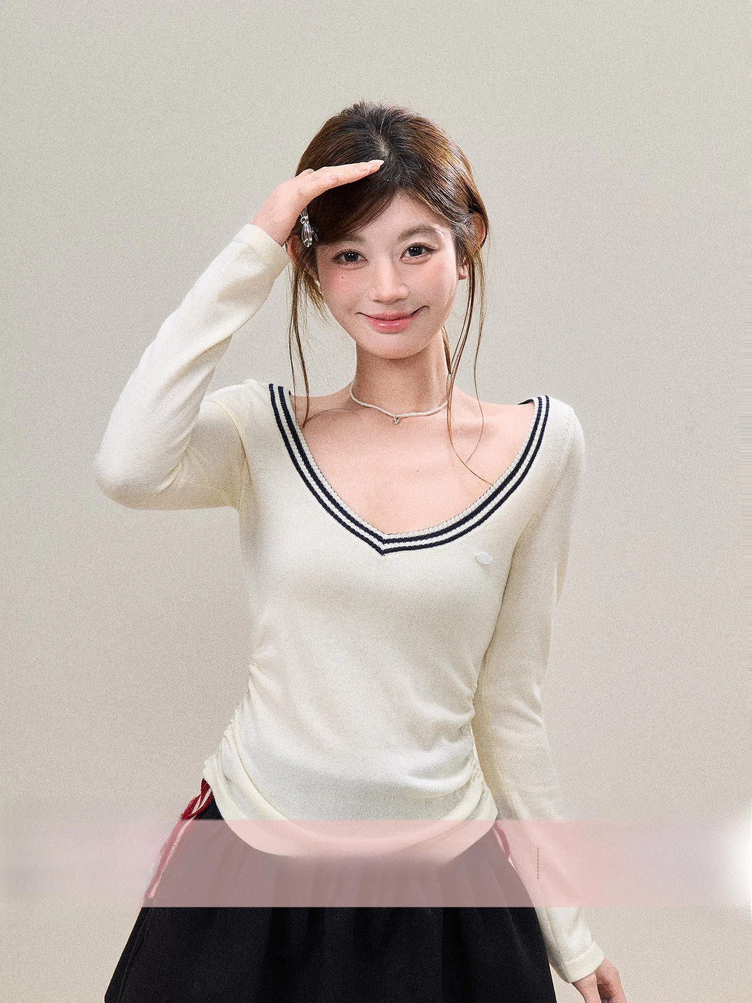 

BBT Sweety Women's Knitted Sweater V-Neck Drawstring Wool Slim Fit Top College Style Long Sleeve Soft Comfortable Spring Fashion