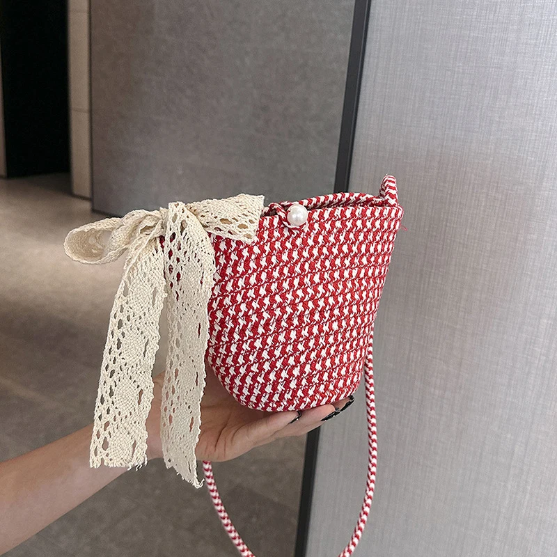 Women\'s Cotton Woven Bag Summer Trendy Portable Beach Bucket Crossbody Bag Knitted Shoulder Bag for Travel