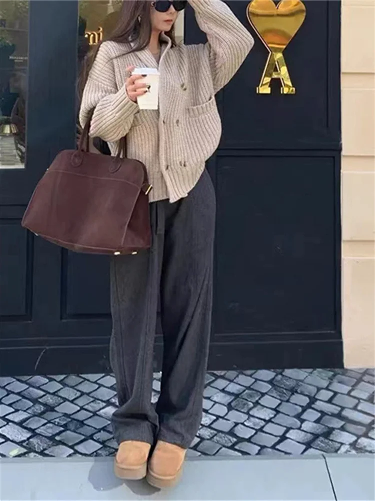 Damski dwurzędowy dzianinowy kardigan z długim rękawem Lazy Loose Solid Color Lady Shawl Collar Sweater Jacket Jesień Zima 2024