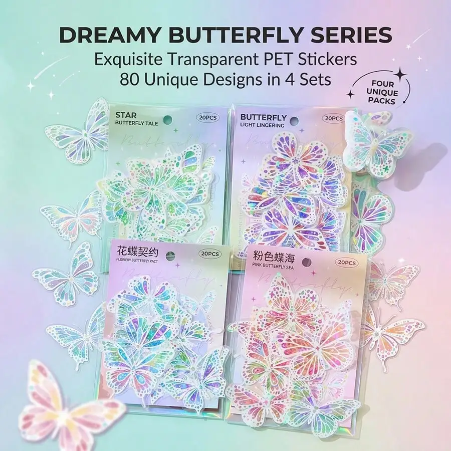 Journamm 20PCS Butterfly Scrapbook Stickers Kit Holographic PET Transparent Waterproof Stickers Set for Junk Journal Journaling