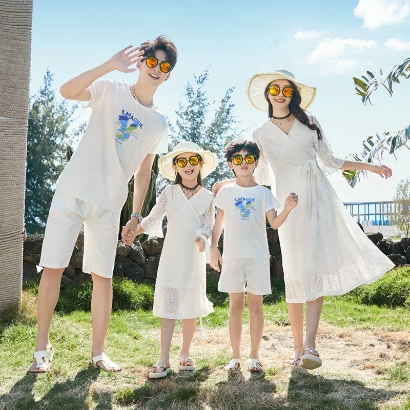 Holiday Look Family Matching White Clothes Daughter Mother Resort Dress Vacation Father Son Beach T Shirts Shorts Two Piece Sets