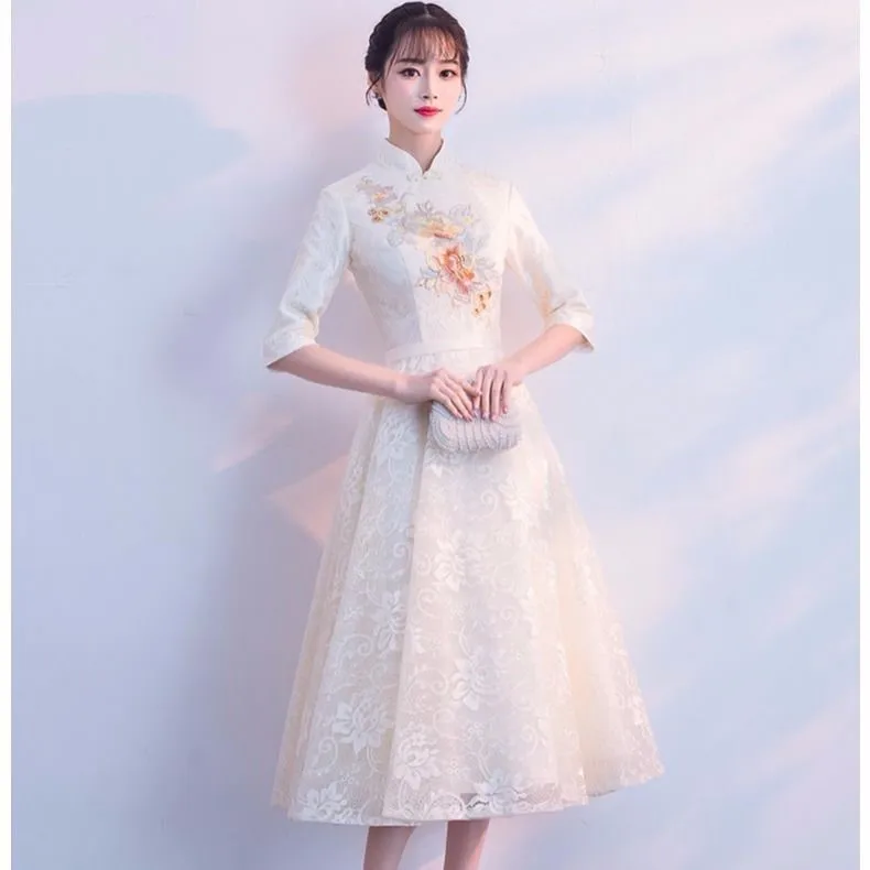 

Champagne Color Bridesmaid Dres Women's Autumn Winter Large Size Chinese Sle Mid-Length Annual Dinner Evening Gowns