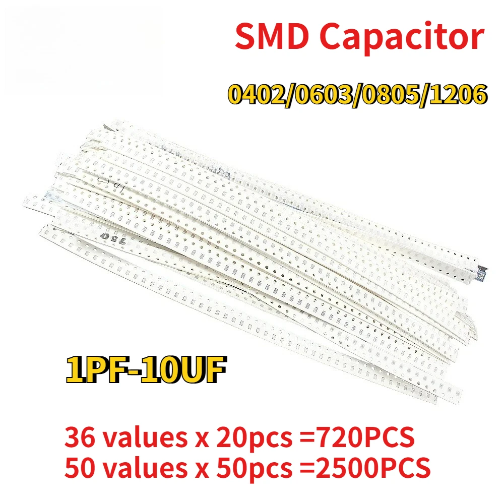 SMD Capacitor Kit 0402 0603 0805 1206 36/50Values 1PF-10UF Capacitance Sample Kit for DIY Electronics & Circuit Board Projects