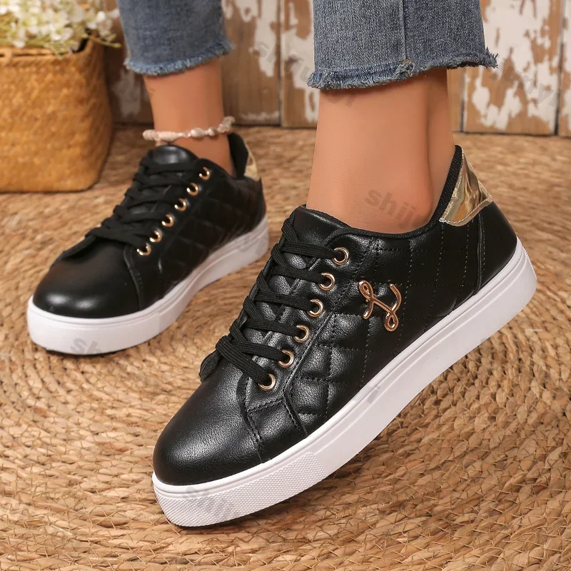 Women's Casual Sports Shoes Fashion PU Leather Platform Sneakers Woman Light Flat Non Slip Lace Up Vulcanized Shoes Plus Size 43