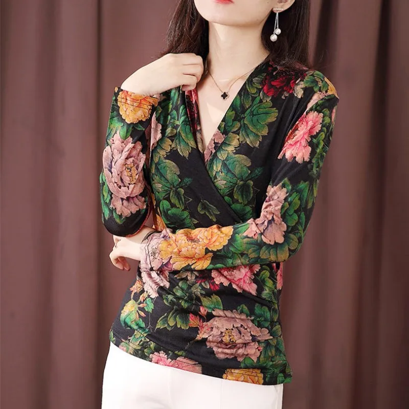 Women Spring Autumn Style Blouses Shirts Lady Casual Long Sleeve V-Neck Flower Printed Blusas Tops DD8061