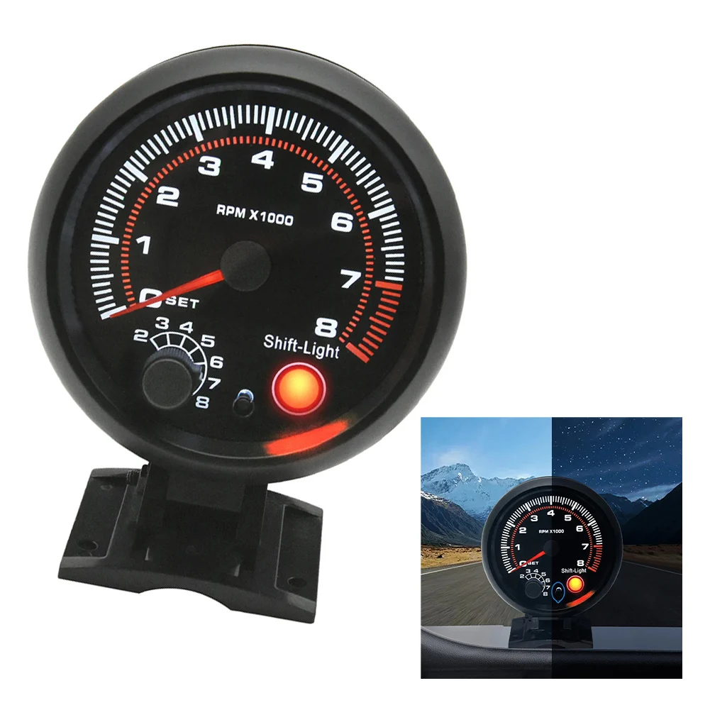 Car Tachometer Gauge 0-8000 RPM With Shift Light For 1-8 Cylinder Engine 12V Black ABS Dashboard Meter Automotive Accessories