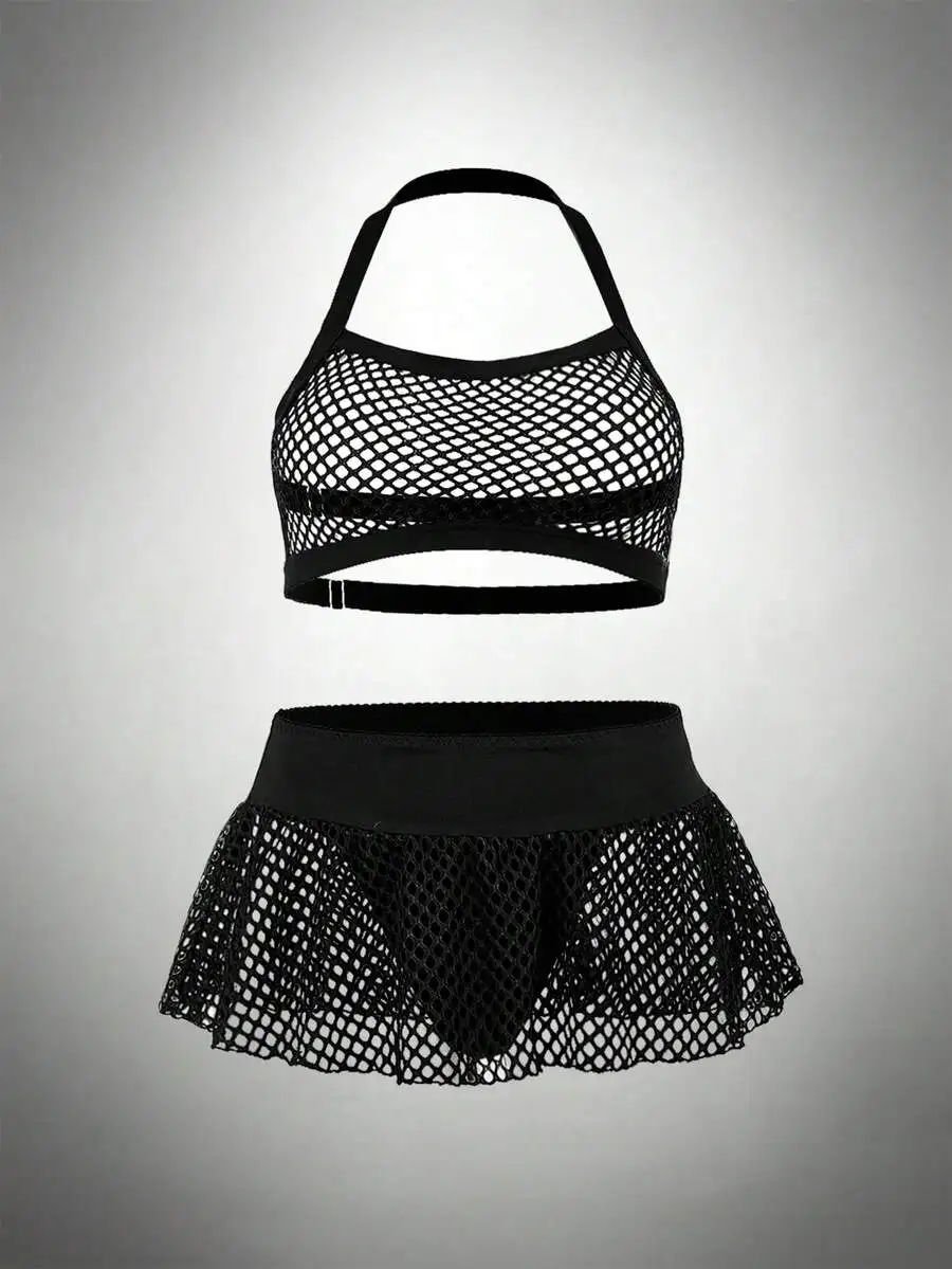 

Черный прозрачный комплект нижнего белья из сетки с топом-халтером и юбкой для костюмов или вечеринок
