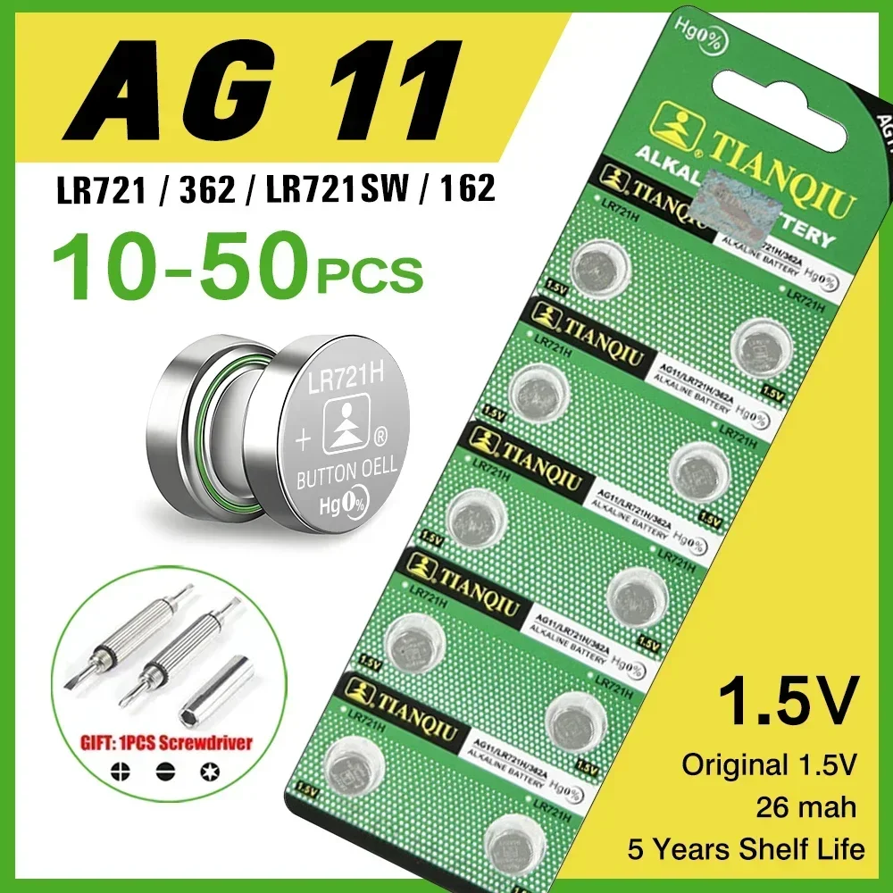 Button Cell Battery AG11 1.55V 10-50PCS, SG11 LR58 SR58 361 362 LR721 SR721 SR720 L721F Coin Batteries For Watch Toys