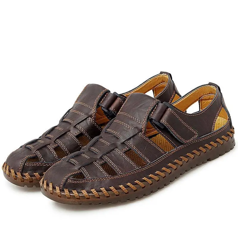 High quality leather flat sandals for men round toes new summer 2024 size 46 47 casual outdoor walking big size shoe black brown