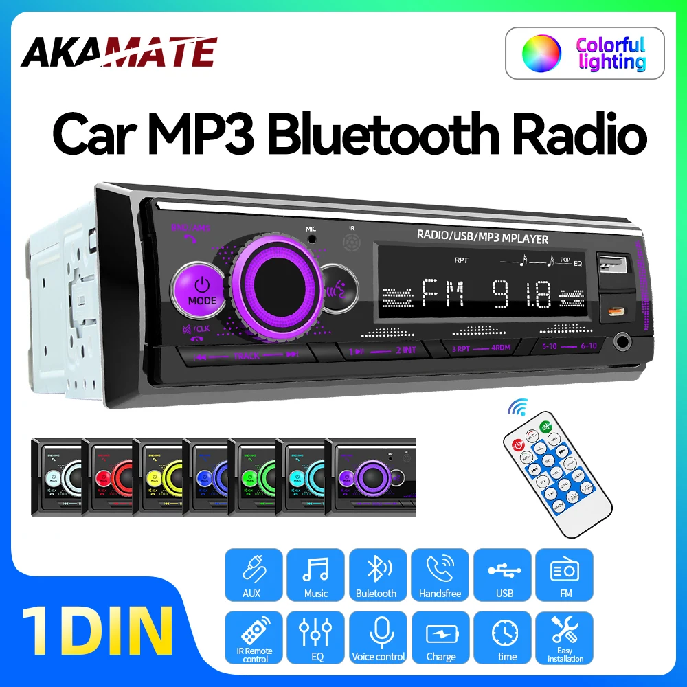 1 Din Autoradio MP3 Bluetooth 5.0 FM AUX EQ USB Musik Typ-C Ladung Sprachassistent Farbige Tasten Universelles Stereo-Audio