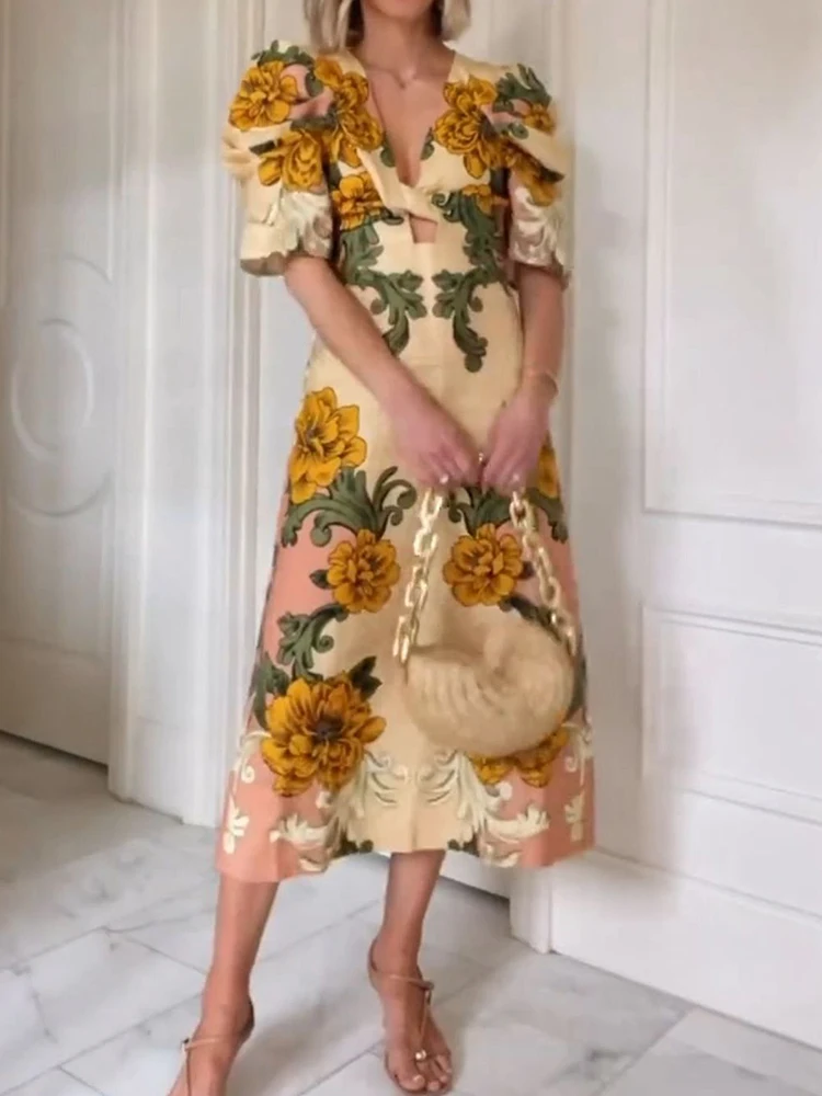 

Summer Women Hollow Holiday Dress Patchwork V Neck Female Half Sleeve Chic Maxi Dress Casual Streetwear Print Party Club Dress