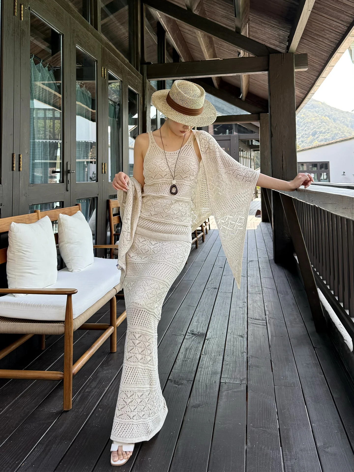 

Romantic Hollow out Linen Knitted Set Women's Summer Slimming Shoulder Wrap Vest Long Half Skirt Fashionable Three Piece Set